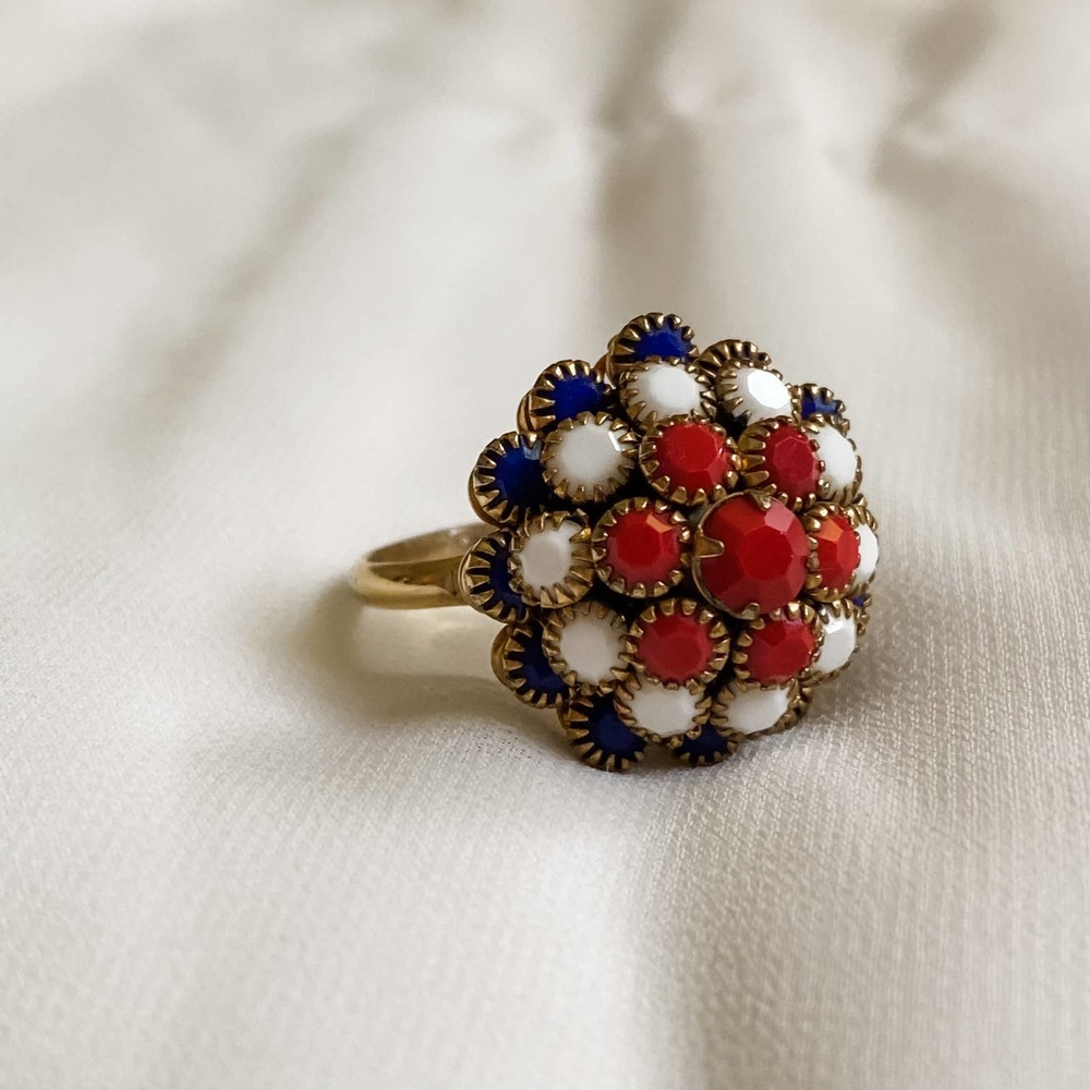 VTG Gold Red White Blue Bead Flower Ring